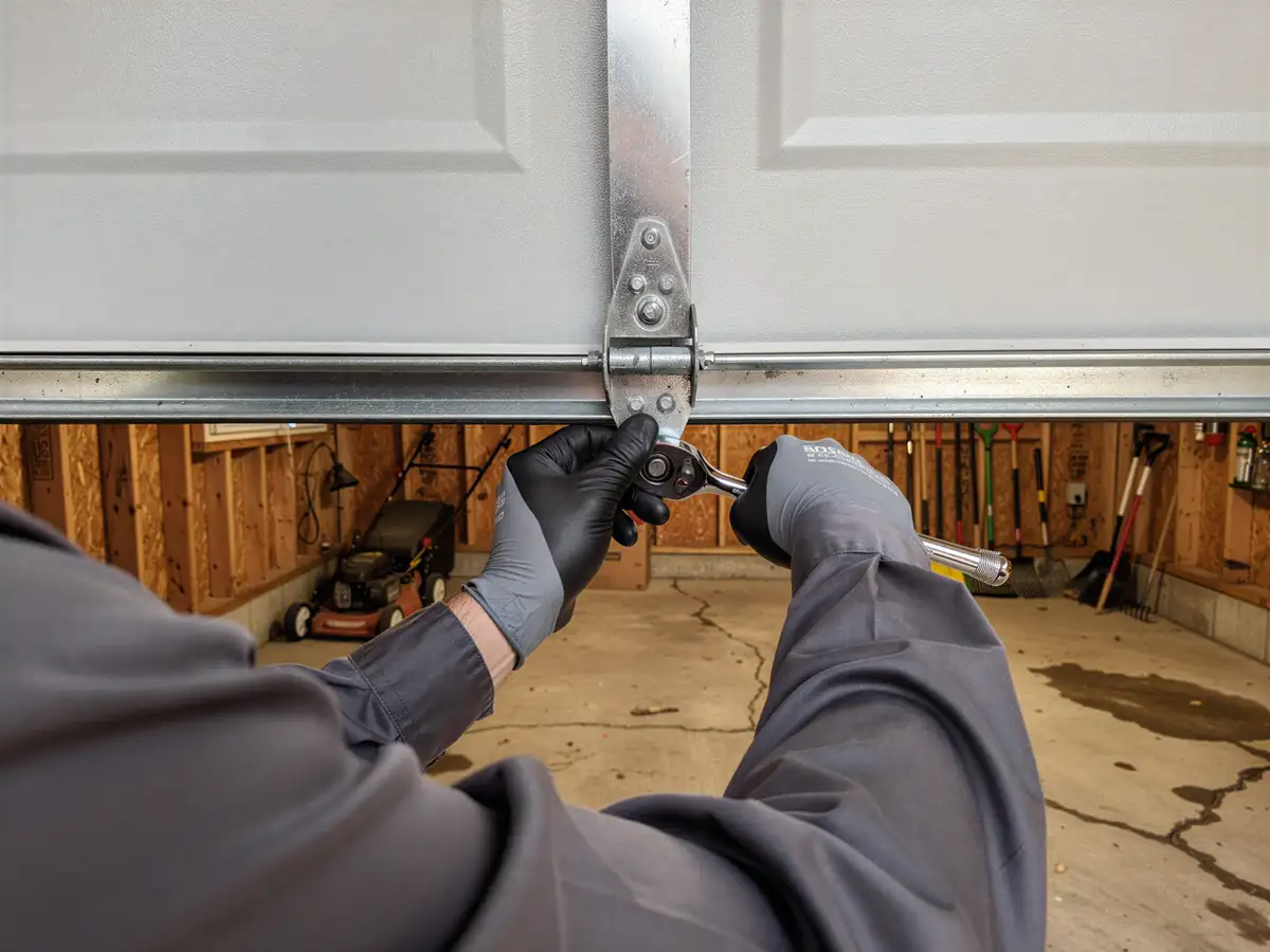 A technician in gloves uses a wrench to adjust a garage door hinge.