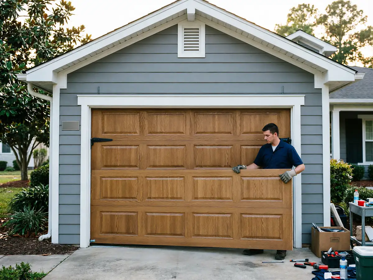 A technician installs a brown garage door on a gray house.