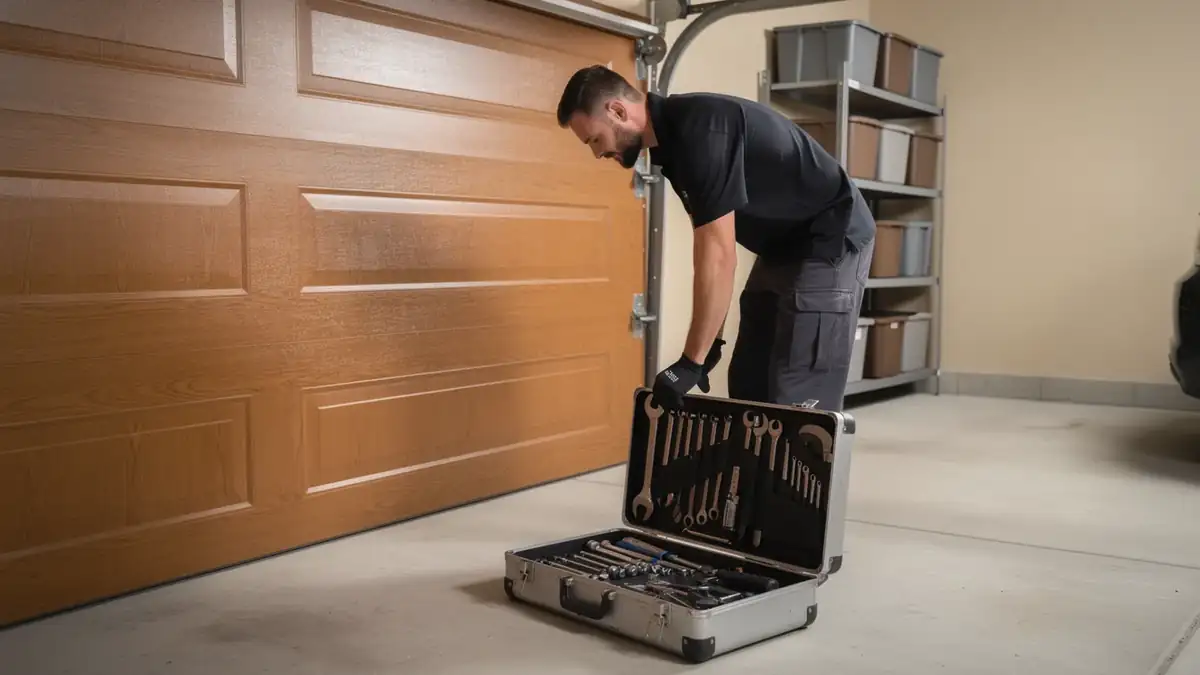 A technician bends over an open toolbox in front of a closed garage door.